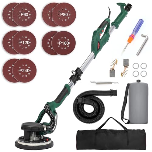 KUIMIT Drywall Sander, 850W Electric Sander with 12 Pcs Sanding Discs, 6 Variable Speed 800-1750 RPM Wall Sander with Extendable Handle, LED Light, Long Dust Hose, Storage Bag