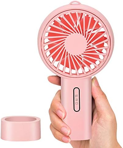 Mini Handheld Fan, 7 Blades Battery Powered Portable USB Fan,3 Speed Strong Wind Noiseless Rechargeable 1200 mAh Desk Fan for Home, Quick Charging Working Time（2-6.5 Hour with Base and Lanya (Pink)