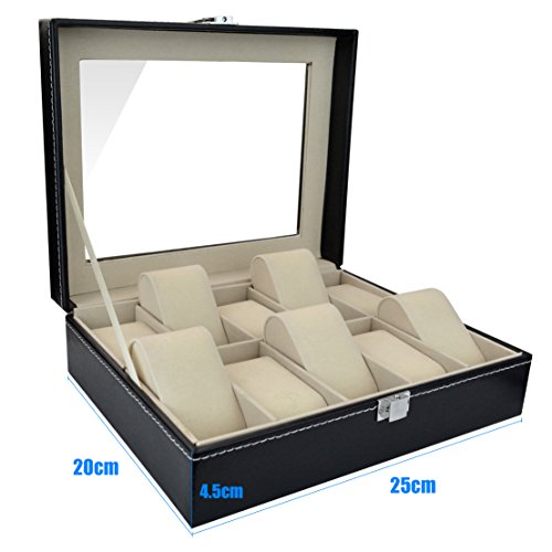 Aketek Watch Box 10 Mens Black Leather Display Glass Top Jewelry Case Organizer - Thumbnail 7