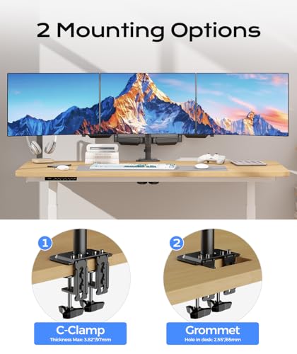 Pholiten Triple Monitor Stand Mount-Gas Spring Stand with Clamp and Grommet Base, Fully Adjustable Desk Mount Fits Three 17-27 inch LCD Computer Screens, Each Arm Holds up to 13.2lbs,(MD8003) …