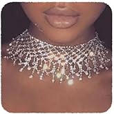 YERTTER Dainity Full Rhinestone Chunky Chain Silver Chain Collar Statement Tassel Crystal Choker Necklace Adjustable for Party Music Bar Women （Silver 1）