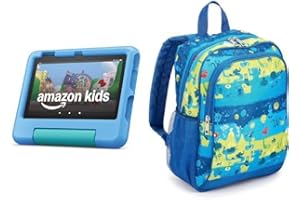 Amazon Fire 7 Kids tablet, ages 3-7 (16GB, Blue) + Backpack Bundle