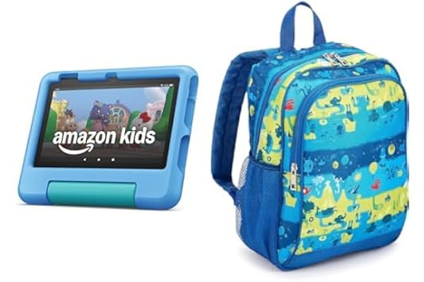 Amazon Fire 7 Kids tablet, ages 3-7 (16GB, Blue) + Backpack Bundle