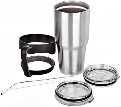 Tumbler Insulated 30 oz. Double-Wall Vacuum-Sealed Stainless Steel Drinkware / Travel Mug with Two Lids, Handle, Straw and Brush (6 pieces) - MadeMarle