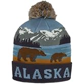 Generic Alaska Beanie Knit Hat Brown Bear and Cub Snowy Mountains Brown Dk Purple Grey Blue Pom Pom, 5 7/8, Black