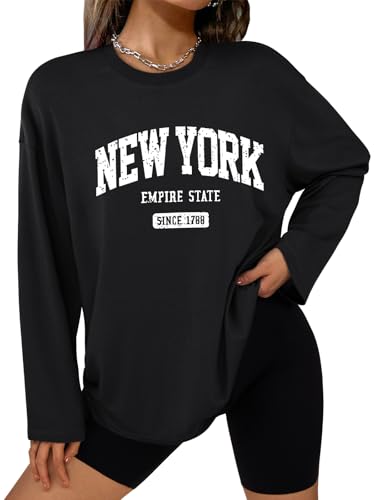 Photo 1 of Trendy Queen Womens Graphic Tees Oversized Casual Tops Long Sleeve Loose Fit T Shirts Going Out Cute Spring Tops 2025 BlackNY M