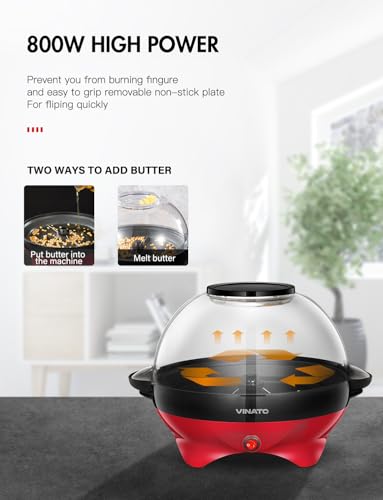 VINATO Popcorn Machine, 5L Large Popcorn Maker for Home, with Non-Stick Coating and Removable Heating Surface, Quiet and Fast Popcorn Machine