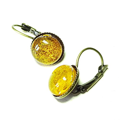 Dichroic Glass Antique Brass Lever Back Earrings - Yellow