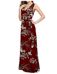 ATERAIN Vestido largo sin mangas, de verano, con cuello en V, estampado floral