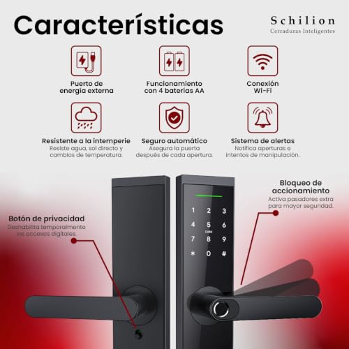 Schilion Cerradura Inteligente WiFi + Bluetooth para Puerta Principal Exterior Chapa Electrónica Apertura con Huella, Código, Tarjeta, App Móvil, Control Remoto - Espesor Recomendado de 3.5 a 12 cm