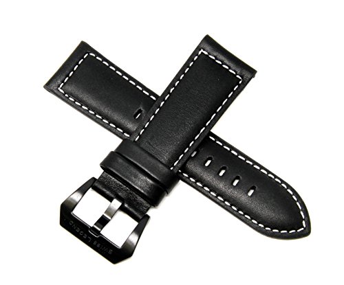 Swiss Legend 26MM Black Leather Watch Strap, Black Buckle fits 52mm Pilot & Highlander Watch