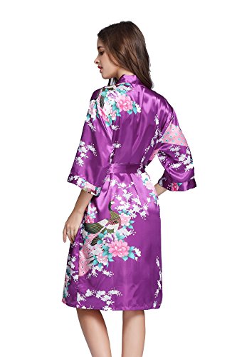 Amzchoice Women's Short Sleeve Kimono Robe Peacock & Blossoms for Spa, Wedding Bridal and Bridesmaid (M, Purple)