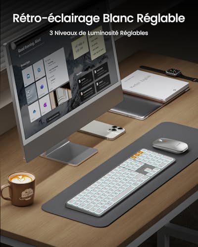 ProtoArc KM100-A Wireless Keyboard Mouse Mac Retro Illuminated, AZERTY Bluetooth Keyboard and Mouse Set, Flat White Multi-Device Keyboard for MacBook Pro, MacBook Air, iPhone, iPad