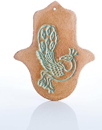 Handmade Ceramic A peacock Hamsa Evil Eye hand Amulet Hanging Good Luck Wall Decor Blessing for Home, Gift For Rosh Hashana, size 7.5X5.5 inches