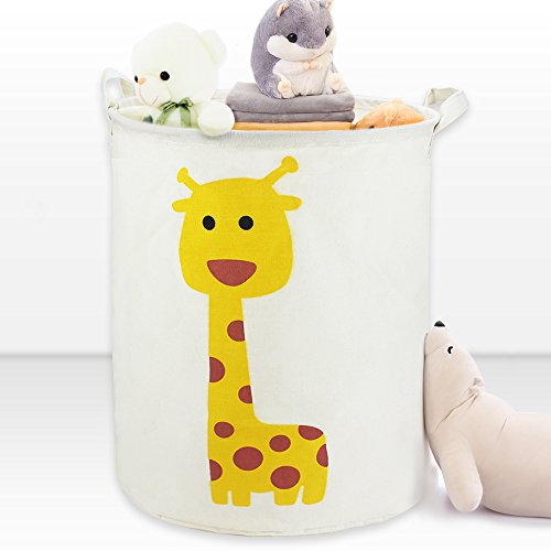 Cotton Canvas Kids Plush Toy Storage Bin, Waterproof Coating Fabric Laundry Bag, Hamper, Collapsible Clothing Basket, Nursery Storage Box, Large Size - iPlay, iLearn(Giraffe)