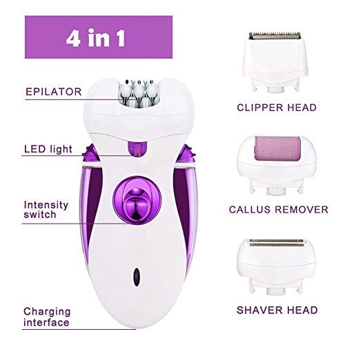 Hair Epilator, Women Electric Epilator Rechargeable Cordless 4 in 1 Electric Hair Removal with Adaptor for Body Legs Underarms Face(Purple)