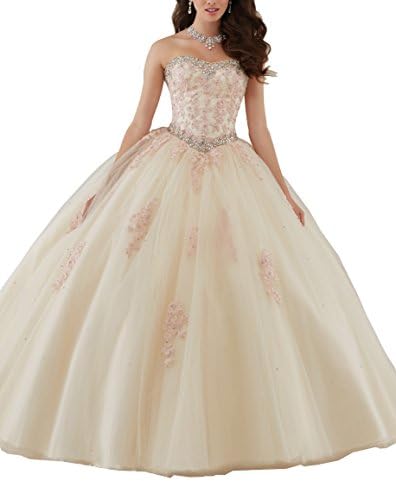 Elley Women's Applique Long Formal Tulle Ball Gowm Princess Birthday Party Quinceanera Dress Champagne US14