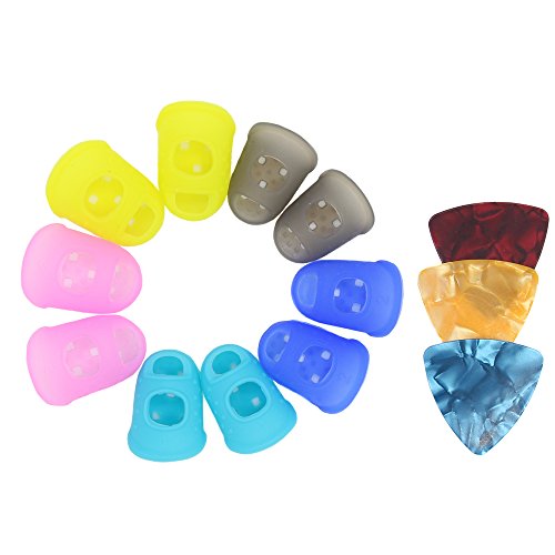 Set of 10 L/M/S/XS/XXS Size Guitar Fingertip Protectors Silicone Finger Guards for Ukulele / Electric Guitar & 3 Assorted Pearl Celluloid Guitar Picks(Color: Random) (M/S/XS)