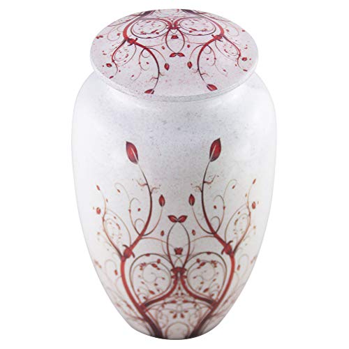 M MEILINXU Funeral Urns for Adults Ashes, Cremation Urn for Human Ashes - Memorials Urns for Ashes -Display Burial Urn at Home or in Niche at Columbarium (Red Flower of Life, Aluminum Large White Urn - Thumbnail 3