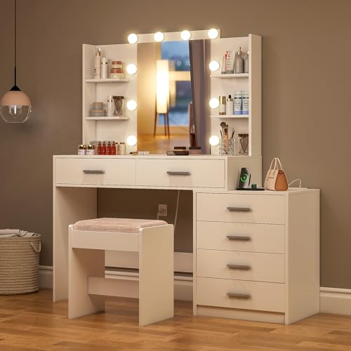 TEENFON 48” W Vanity Desk Set with Stool, Makeup Vanity with Mirror & Power Outlet, 6 Drawers, 6 Open Shelves, Vanity Table with 3 Light Color for Women, White