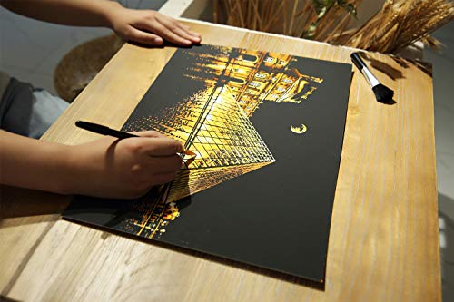 Scratch & Sketch Art Paper for Adults & Kids, Scratch Paper Rainbow Painting Sketch Pads DIY Art Craft Night View Scratchboard with Clean Brush,Scratch Coloring Pen,16 X 11.2 Inches (Louvre) - Thumbnail 3