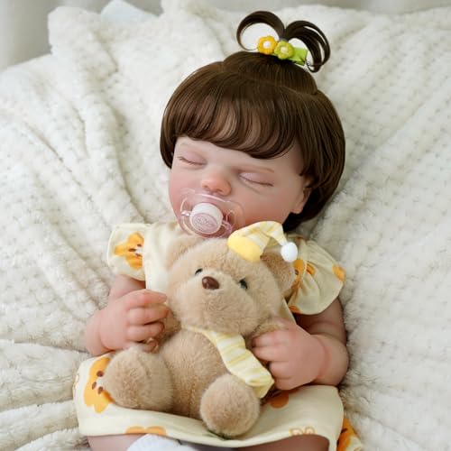Bebê Reborn Boneca Realista Corpo de Silicone Menina Com Um Ursinho Fofo Cabelo Implantado Realista Original Pintada Corpo Pode dar Banho Dormindo de olhos fechados 48cm