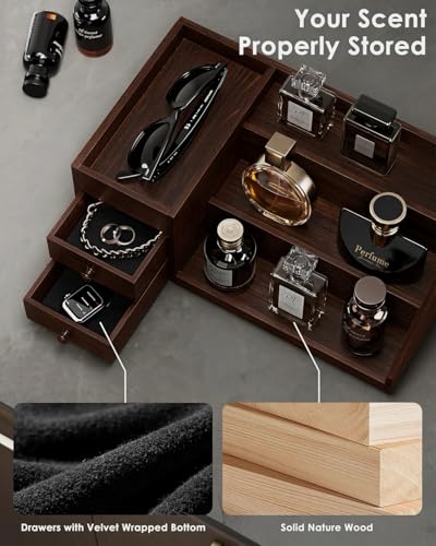 ProCase Wooden Cologne Organizer for Men, 3-Tier Elevated Wood Perfume Storage Display Shelf with Drawers, Dresser Storage Stand Riser for Fragrance Skin Care, Gift for Boys Men Dad Husband (Brown)