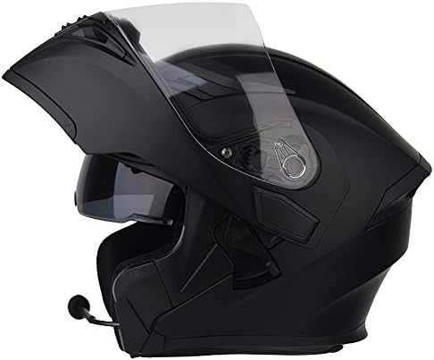 FhqKing Bluetooth Helmet Motorcycle, Full Face Helmet, Flip-Up Helmet, Motorcycle Helmet with Double Lens (Matte Black 54-64CM),M