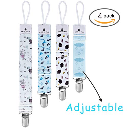 Pacifier Clips (4 Pack) - COZILIFE Premium Quality Pacifier Holder with Adjustable Belt, Universal Fit for Baby Pacifiers, Stylish Printing Suits for Boys and Girls, Kraft Box Package.