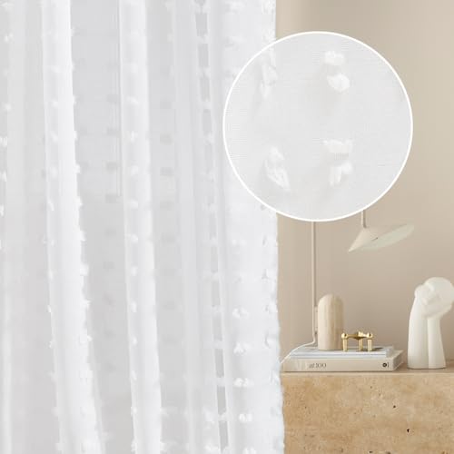 ROOM99 Casablanca Eyelet Curtain 140 x 260 cm Width x Height Living Room Transparent Modern Curtain Scarf Living Room Bedroom White Pompoms 1 Piece