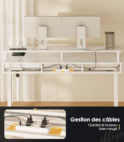 OffiGo Standing Desk with 3 Drawers, 120 cm Electric Desk with Monitor Stand, Standing Desk with Charger and LED Light, Table for Work, White