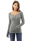 PattyBoutik Women's Long Sleeve Strip Trim Henley Blouse