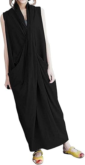 Amazon Monfutur モンフチュール ワンピース 綿麻 マキシ丈 コクーン Vネック ノースリーブ レディース ワンピース チュニック 通販