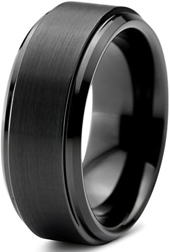Charming Jewelers Tungsten Wedding Band Ring 8mm Men Women Comfort Fit Black Grey Step Bevel Edge Brushed Polished