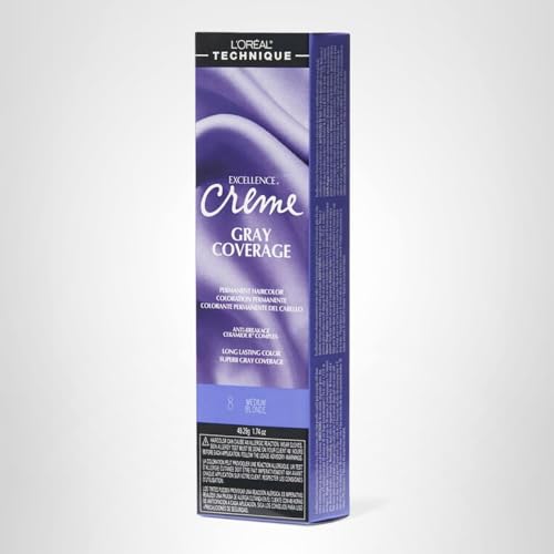 L\'OREAL TECHNIQUE Excellence Crme Permanent Hair Color - Long-Lasting Hair Dye, Rich Formula With No-Drip Application, Superb Gray Coverage, 8 Medium Blonde