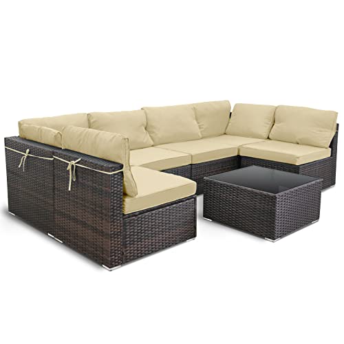 LeveLeve 7 Piece Wicker Patio Furniture Set PE Wicker Rattan Patio Set Porch Furniture, Cushioned Patio Chairs Outdoor Chat Conversation Set, Brown… (Sand)