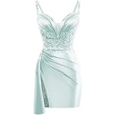 V Neck Satin Homecoming Dresses Mermaid Lace Short Porm Dress Pleated Bodycon Cocktail Dress with Tail