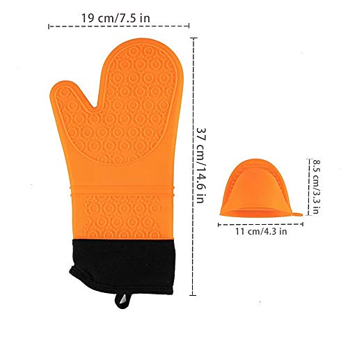 Silicone Oven Mitts and Pot Holders Set,Extra Long Heat Resistant Cooking Oven Gloves Set 1 Pair (14.6 \'\')with 2 Potholders,Non-Slip Textured Surface