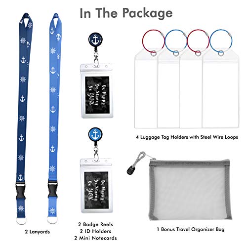 Cruise Luggage Tags & Lanyards with Waterproof ID Key Card Holder. Matching Retractable Badge Reel. Essential Cruise Ship Accessories. 2 Lanyards + 4 Etag Holders. Anchor Helm 1 Blue & 1 Lite Blue