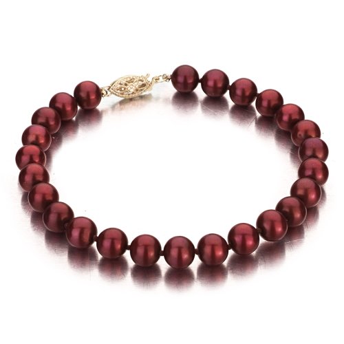 Cranberry Freshwater Cultured Pearl Bracelet, 14k Yellow Gold Fishhook Clasp, 6-7mm AA+ Quality Cultured Pearls, 7 Inch Bracelet
