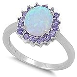 Lab Created White Opal & Simulated Amethyst .925 Sterling Silver Ring Size 8