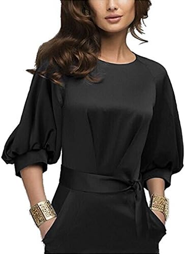Superhouse Womens Lantern Sleeve Black Wear to Work With Belt Dress Plus-Size (Large, Black)
