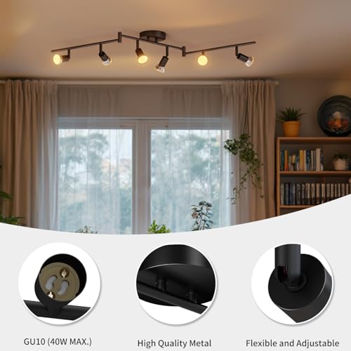 LVWIT Swivel Ceiling Spotlight, 6 Way Ceiling Lights GU10 Black Kitchen GU10 Base Ceiling Light Mounting Bracket for Living Room Bedroom Dining Room (No Bulb)