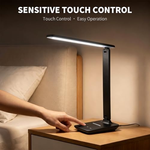 YAMYONE Lámpara de Escritorio LED con Puerto USB, Control Táctil, Luz Protectora Ocular, 5 Modos de Color y 5 Niveles de Brillo, Ideal para Dormitorio, Estudio y Mesita de Noche (Negro)