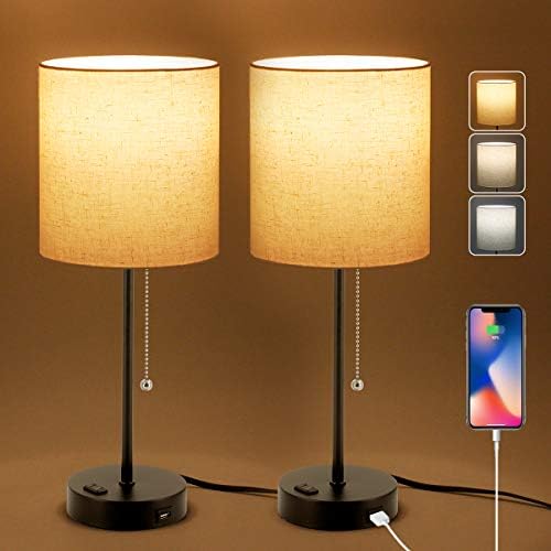 USB Bedside Table Lamp, 2700K5000K Nightstand Lamp with Pull Chain