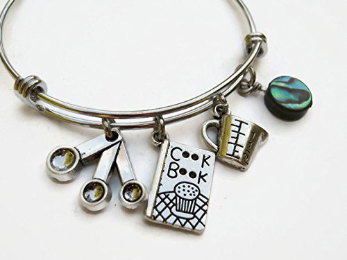 Baker Chef Bracelet with Abalone Shell, Expandable Bangle Bracelet, Stainless Steel Bracelet, Cookbook Jewelry, Home Baker Gift