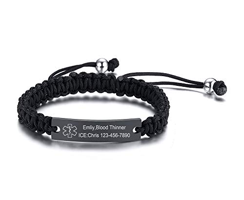 VNOX Custom Engraving Handmade Braided Rope Adjustable Medical Alert ID Bracelet Fits Adults & Kids,5.9-9 Inches