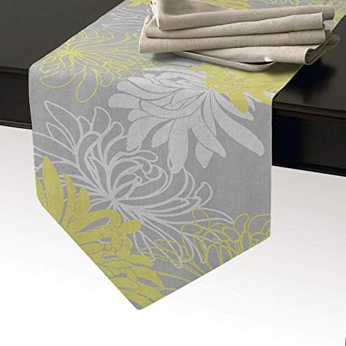 Cotton Linen Burlap Table Runner, Vintage Flower Floral Printed ，Gray&Yellow, for Wedding Party Holiday Dinner Home Decor