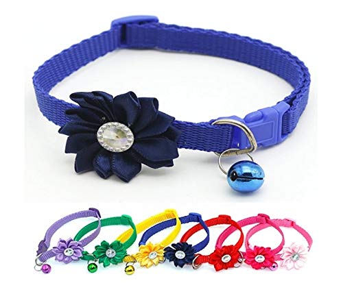 Small Dog Puppy Pet Collar Flower Floral Decoration with Bell Nylon Adjustable Size 19-32cm Blue
