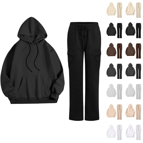 DUHGBNE ladies tracksuit sets for women uk Womens Tracksuit Set Plus Size Solid Color 2 Piece Co Ord Sets Oversize Long Sleeve Drawstring Hoodies and Waist Straight womens full set plus size